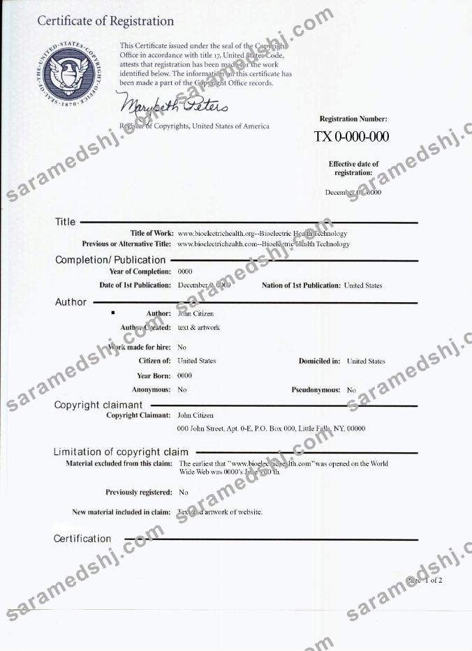 USA copywrite certificate of registration PSD sample